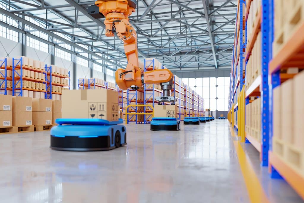 Robotic arm for packing with producing and maintaining logistics systems using Automated Guided Vehicle (AGV),3d rendering